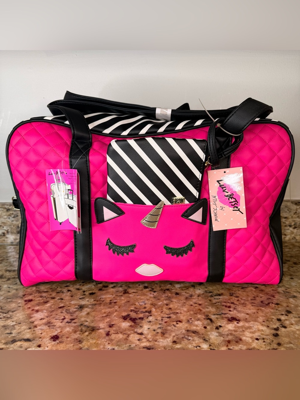 Betsey Johnson Quilted Travel Large Weekender Travel Bag & Wristlet Cat Unicorn